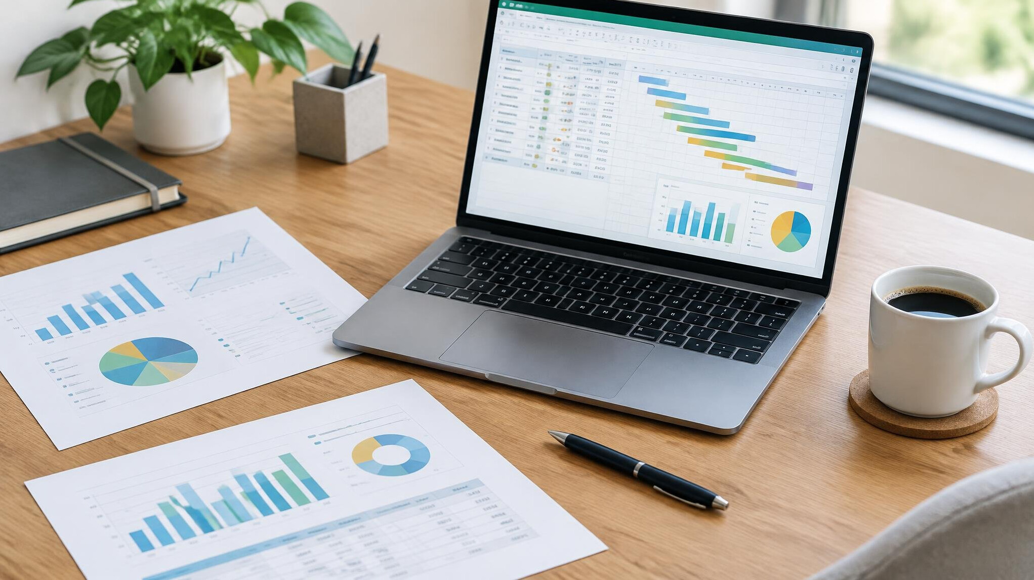 Laptop with documents and charts on a desk for course planning